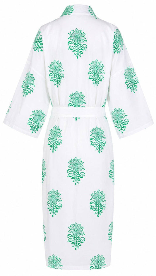 Women's Cotton Kimono Robe - Tiger Flower Green on White