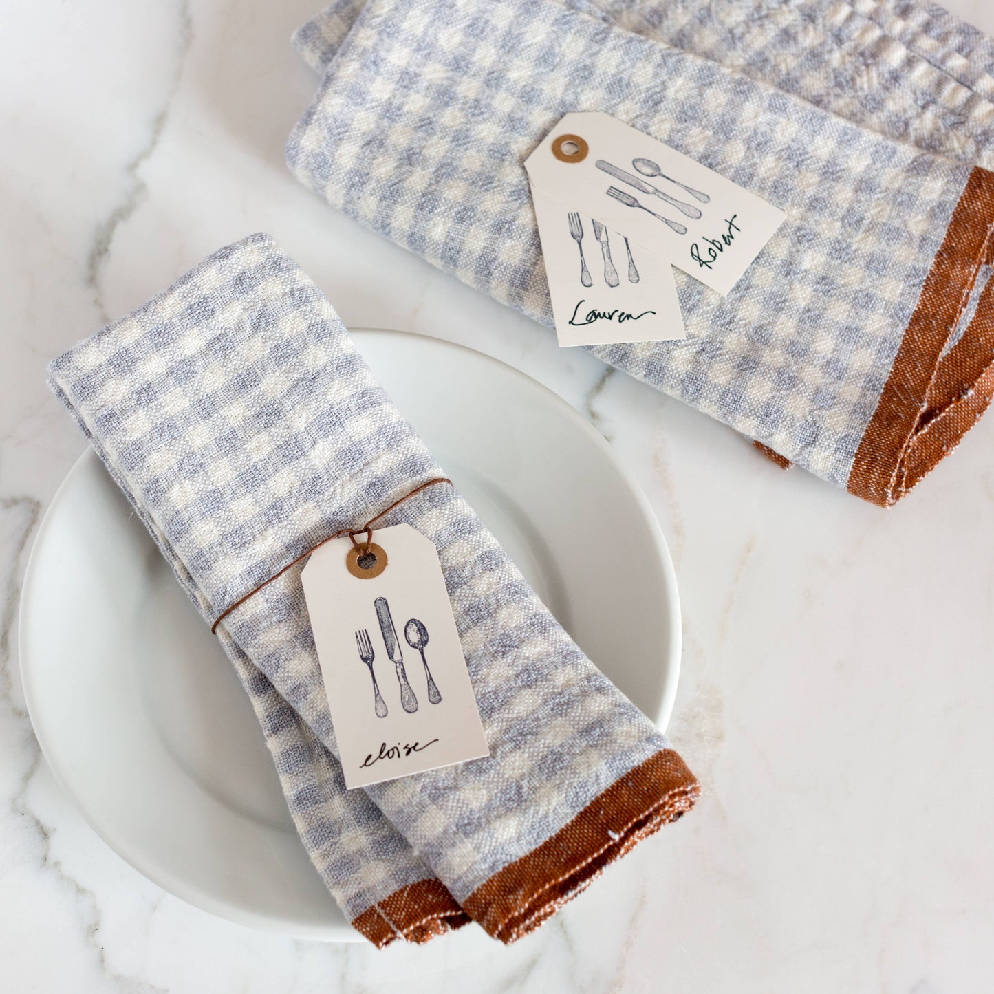 Two-Tone Gingham Blue/Cognac Napkins 20x20 - Set of 4