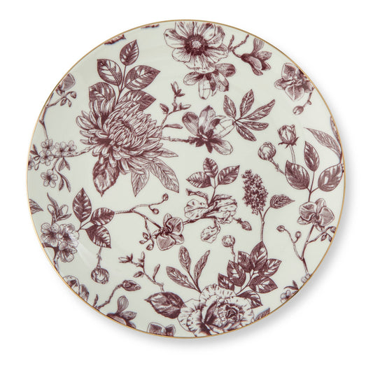 8" Dahlia Toile Gold Rim Salad Plate - Maroon Majesty