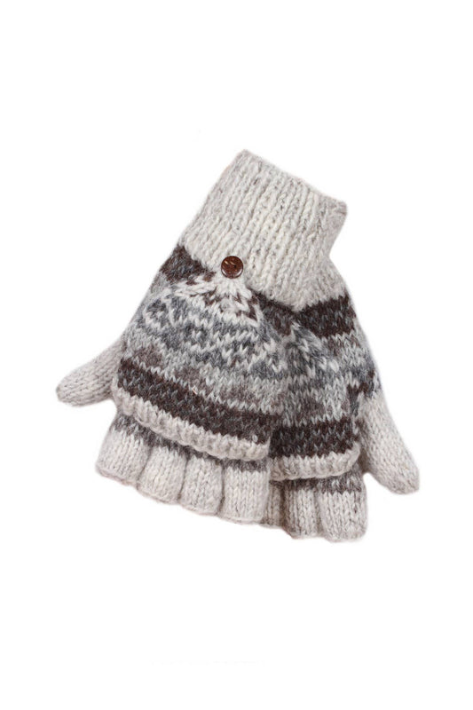 Classic Fair Isle Knit Fingerless Glove Mitts Natural Wool