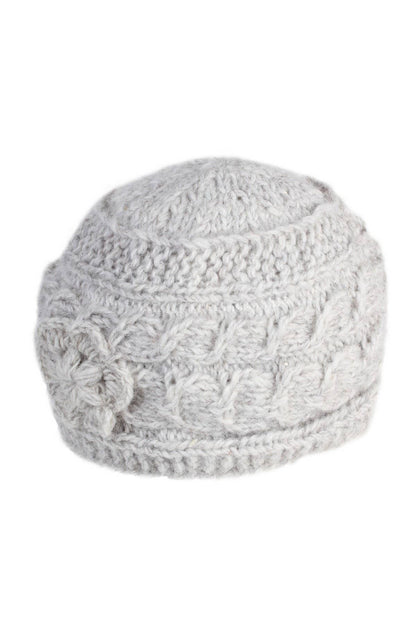 Chamonix - Oatmeal Cable Knit Crocheted Flower Beanie Hat
