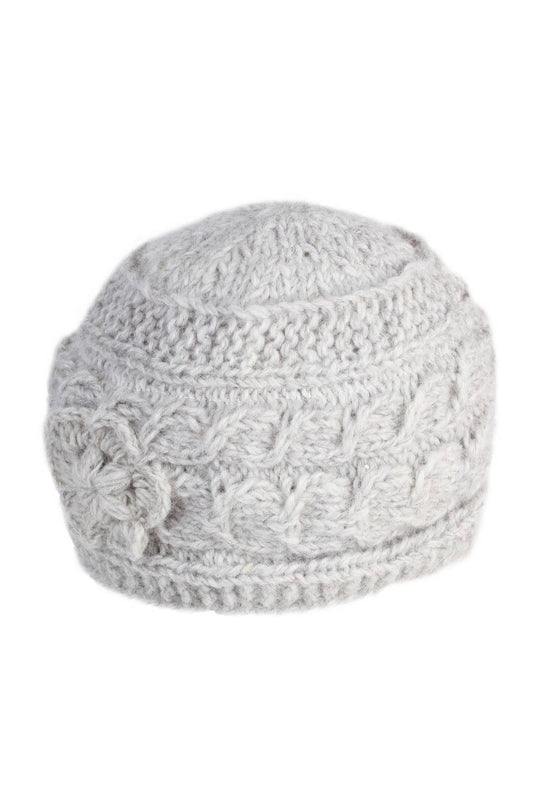 Chamonix - Oatmeal Cable Knit Crocheted Flower Beanie Hat