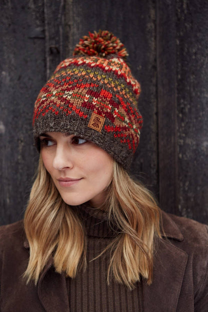 Women's Knitted Earthy Fair Isle Bobble Beanie