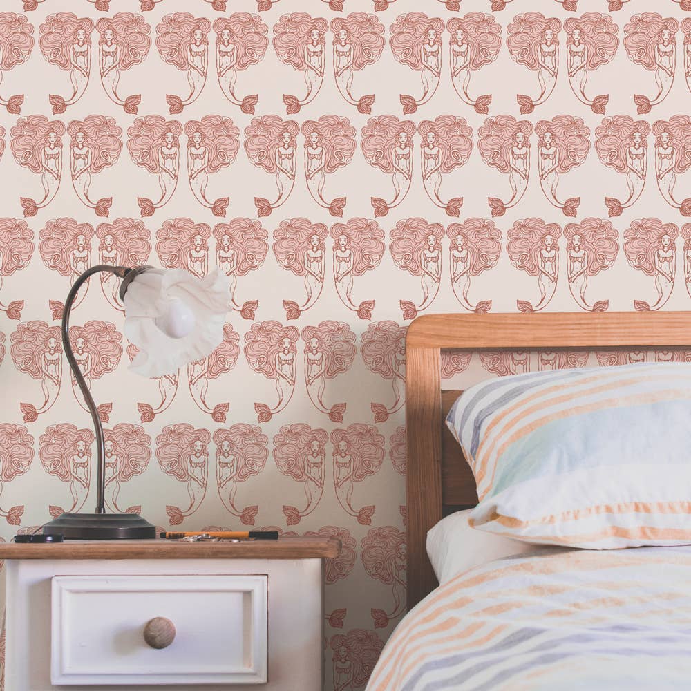 Block Print Mermaids Coral P&S Wallpaper, 28 sq. ft.