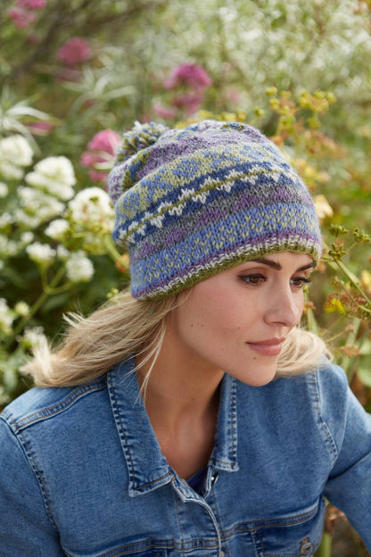 Classic Fair Isle Wool Knitted Bobble Beanie Hat Olive