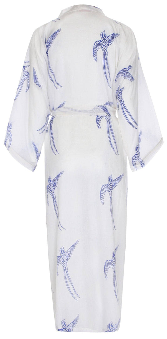 Women's Cotton Kimono Robe - Long Tailed Bird Blue on White