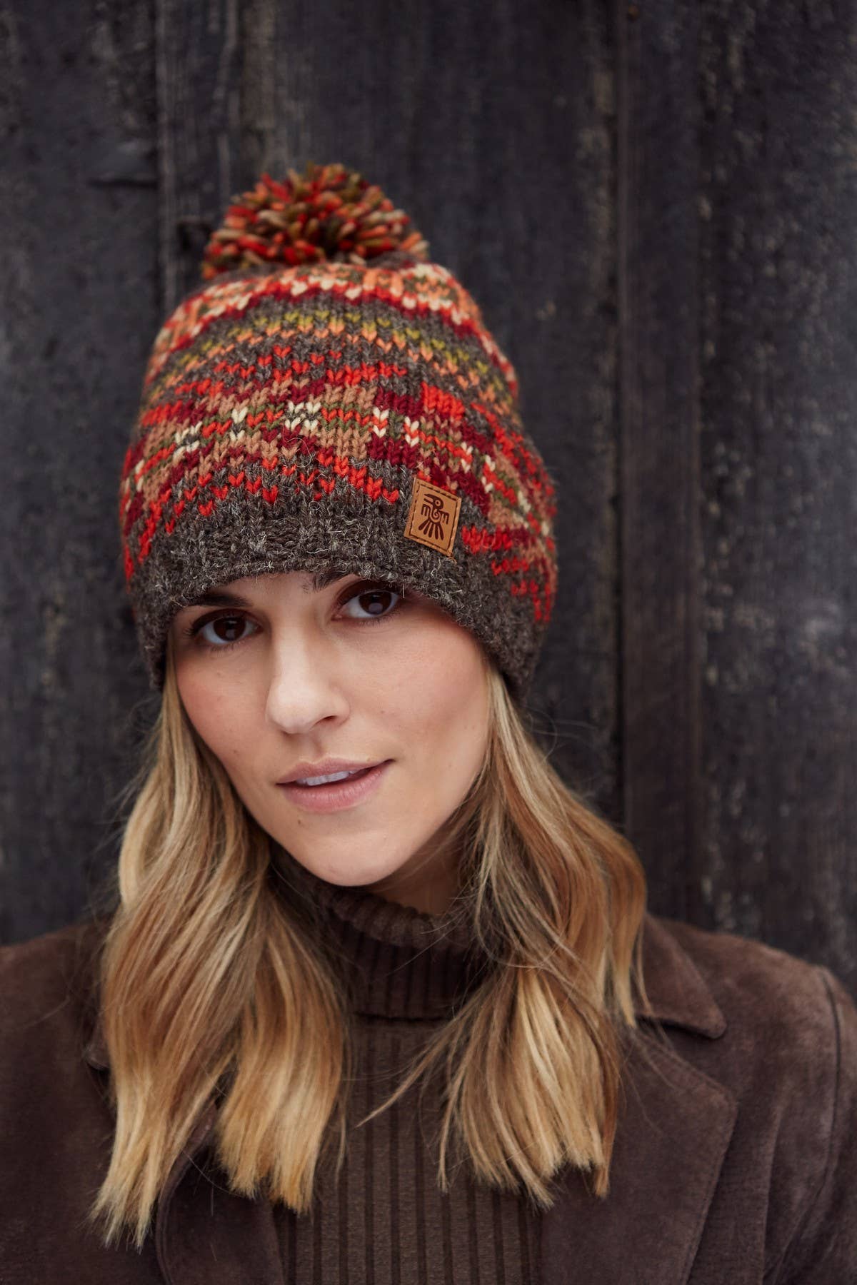 Women's Knitted Earthy Fair Isle Bobble Beanie