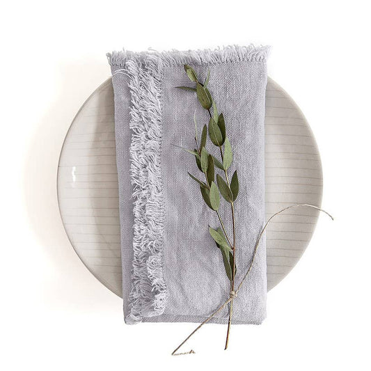 Light Grey Linen Napkins with Fringes - Set of 2