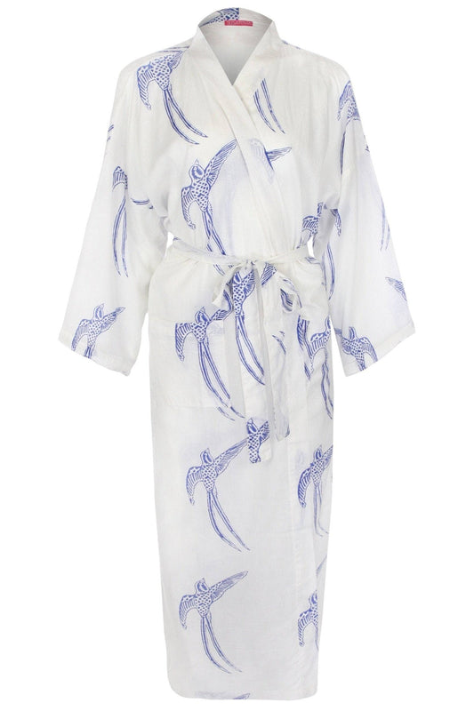 Women's Cotton Kimono Robe - Long Tailed Bird Blue on White
