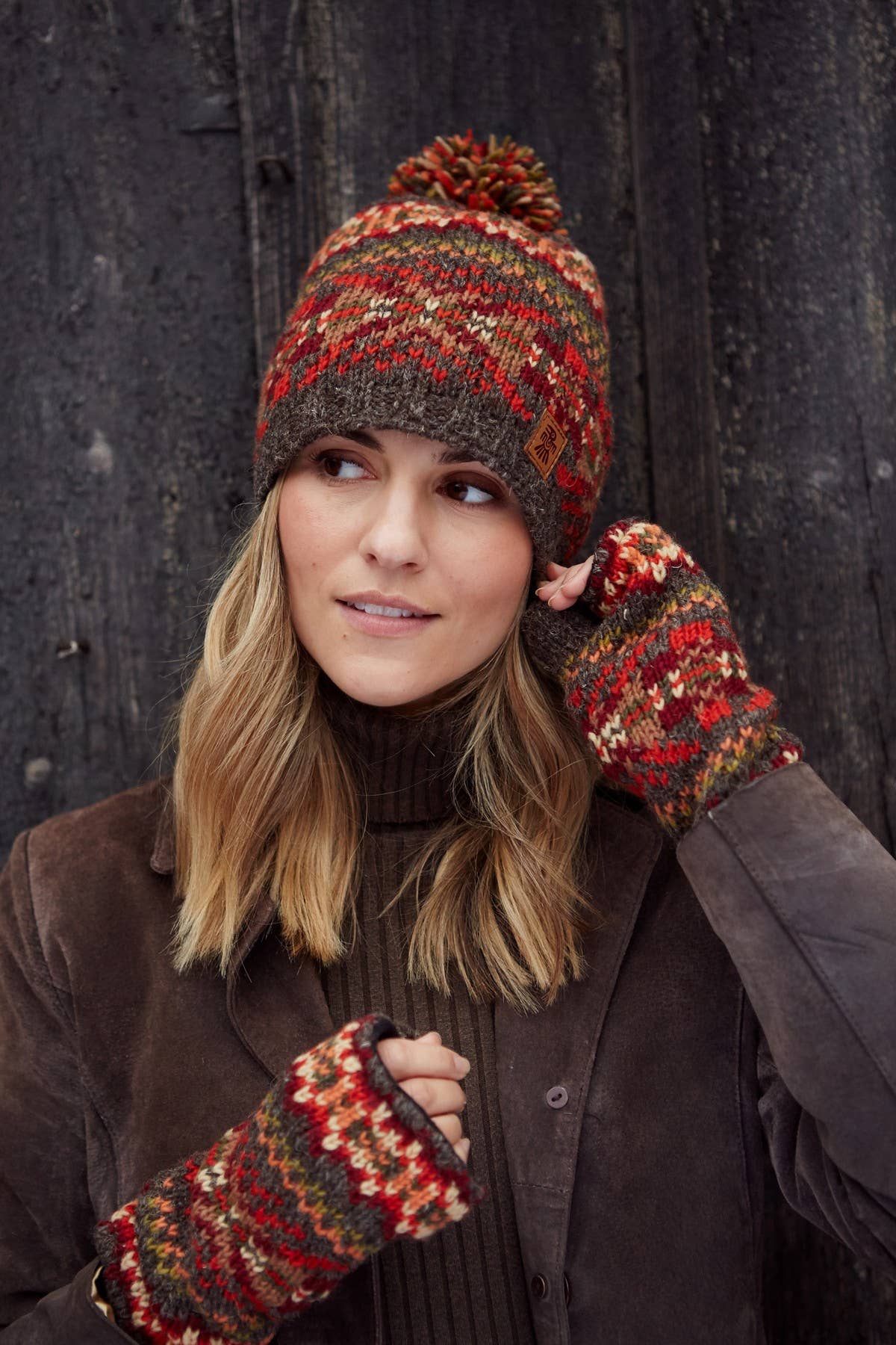 Women's Knitted Earthy Fair Isle Bobble Beanie