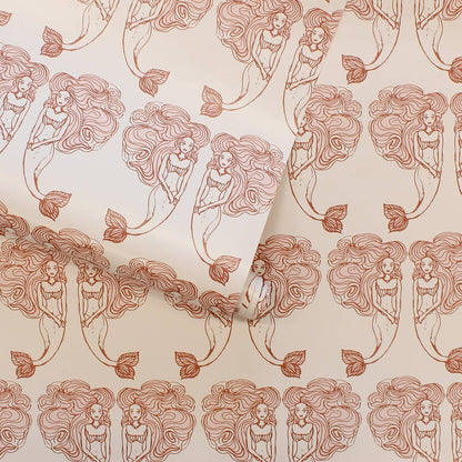 Block Print Mermaids Coral P&S Wallpaper, 28 sq. ft.
