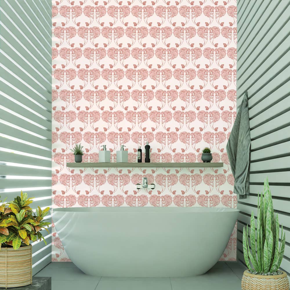Block Print Mermaids Coral P&S Wallpaper, 28 sq. ft.