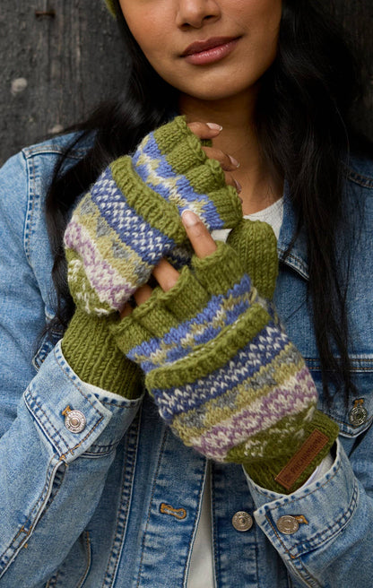 Classic Fair Isle Wool Knit Fingerless Glove Mitts Olive