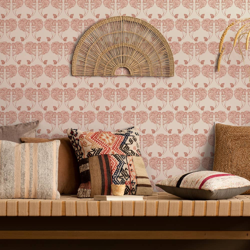 Block Print Mermaids Coral P&S Wallpaper, 28 sq. ft.