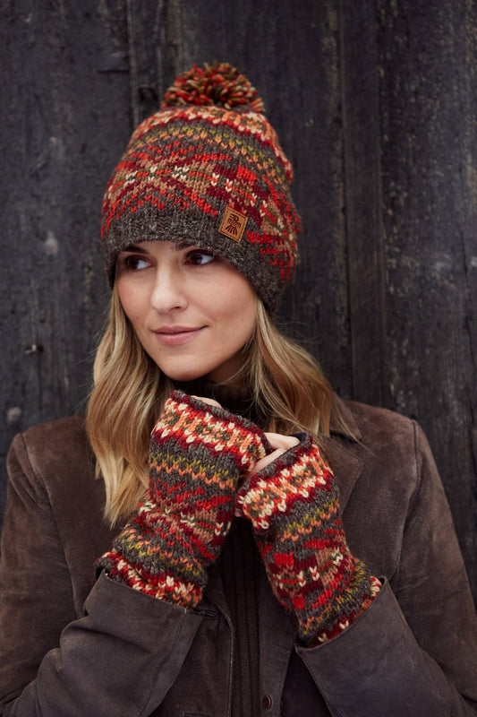 Women's Knitted Earthy Fair Isle Bobble Beanie