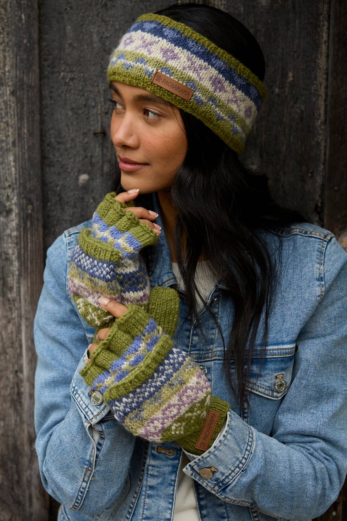 Classic Fair Isle Wool Knit Fingerless Glove Mitts Olive
