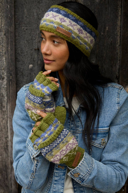 Classic Fair Isle Wool Knit Fingerless Glove Mitts Olive