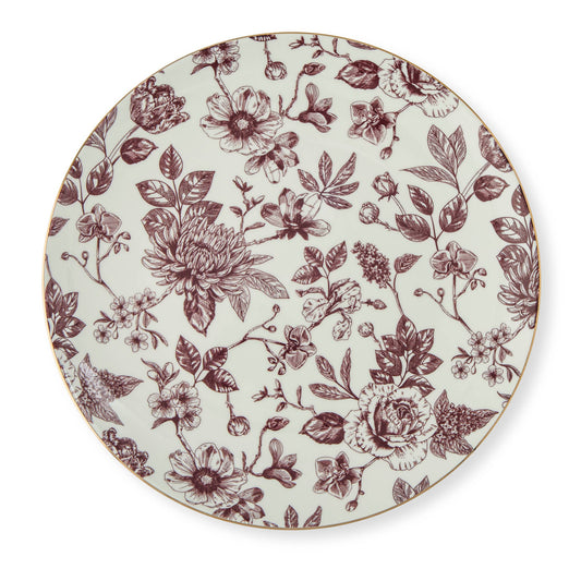 10.5" Dahlia Toile Gold Rim Dinner Plate - Maroon Majesty
