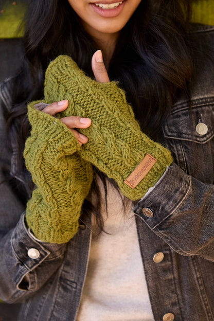 Chamonix - Cable Knit Fleece Lined Wool Fingerless Gloves