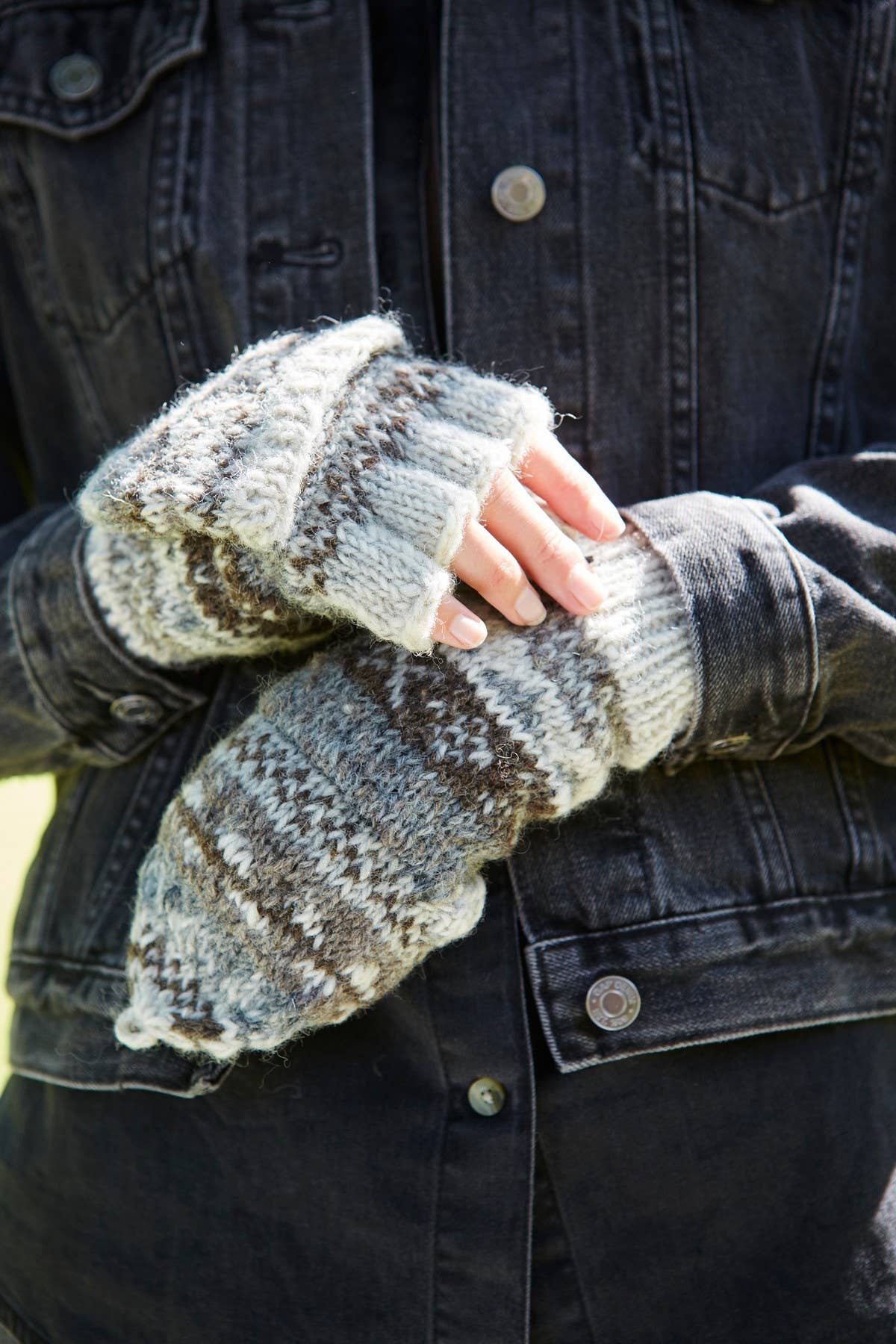 Classic Fair Isle Knit Fingerless Glove Mitts Natural Wool