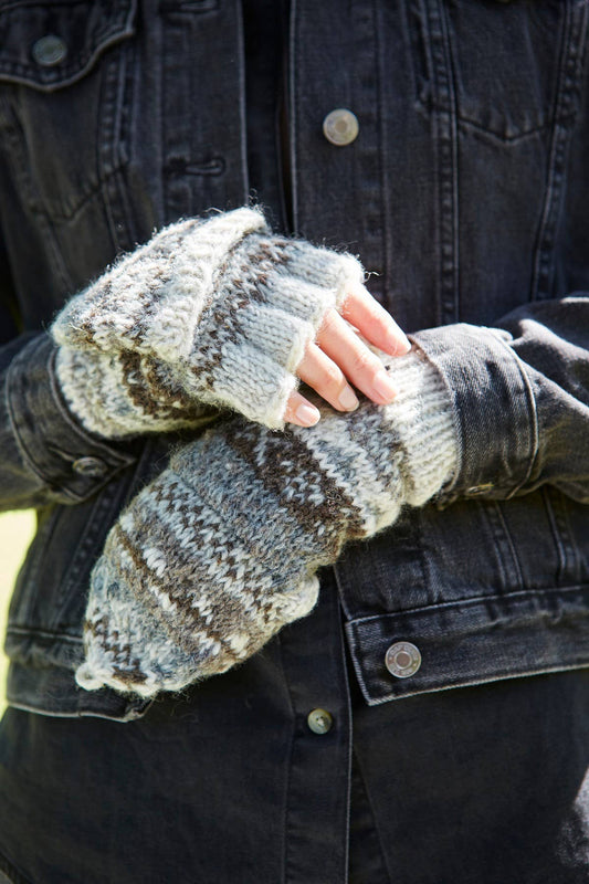 Classic Fair Isle Knit Fingerless Glove Mitts Natural Wool