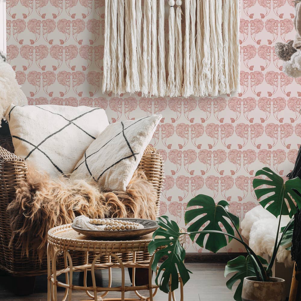 Block Print Mermaids Coral P&S Wallpaper, 28 sq. ft.