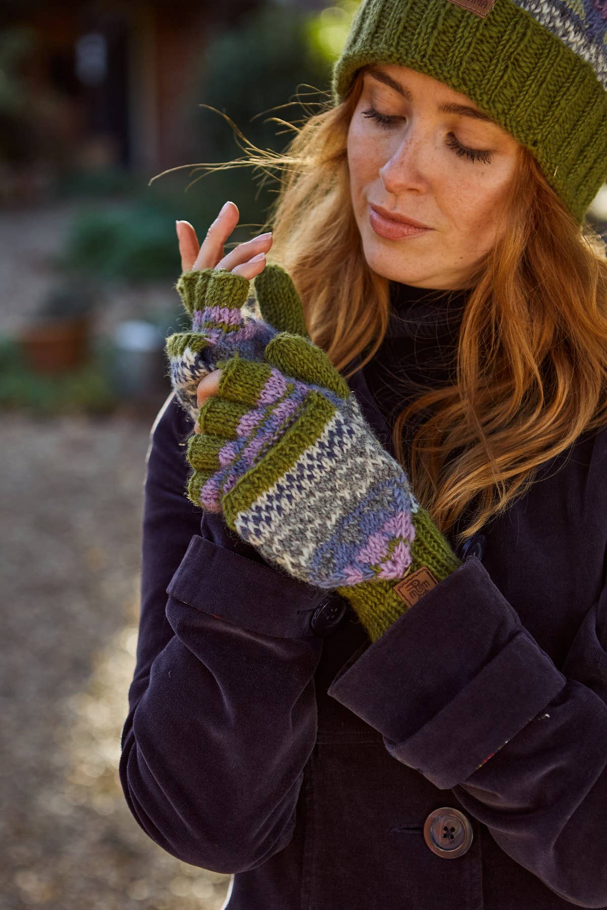 Classic Fair Isle Wool Knit Fingerless Glove Mitts Olive