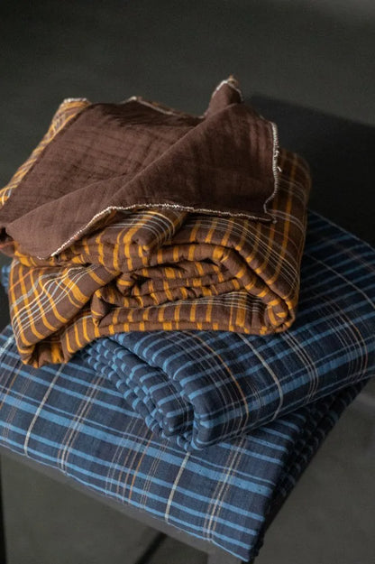 Quilted Cotton Jacquard Blanket - Blue Plaid