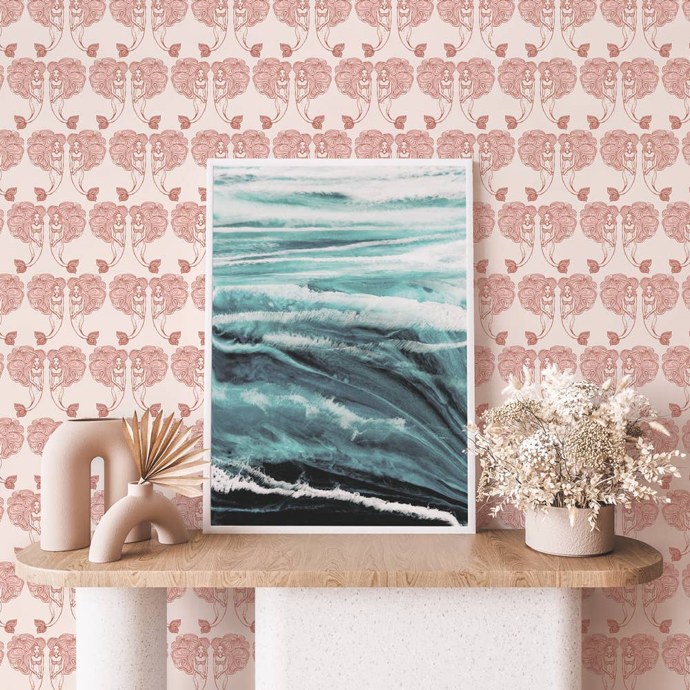Block Print Mermaids Coral P&S Wallpaper, 28 sq. ft.