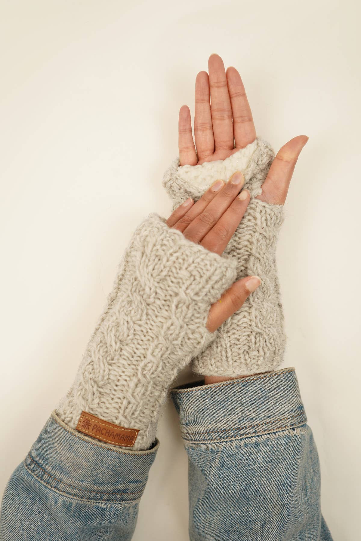 Chamonix - Cable Knit Sherpa Lined Wool Fingerless Gloves