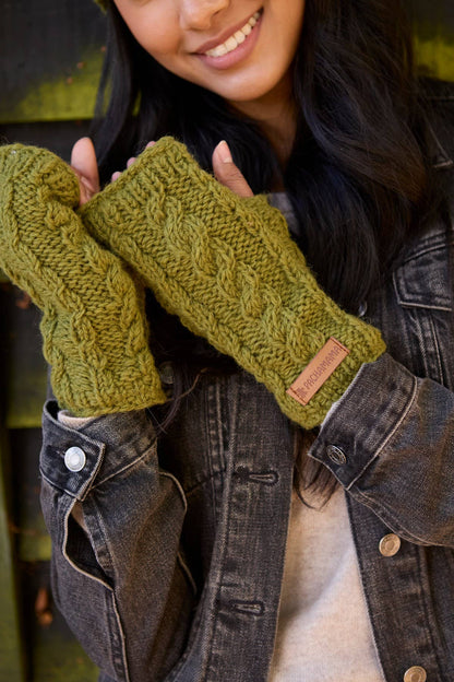 Chamonix - Cable Knit Fleece Lined Wool Fingerless Gloves