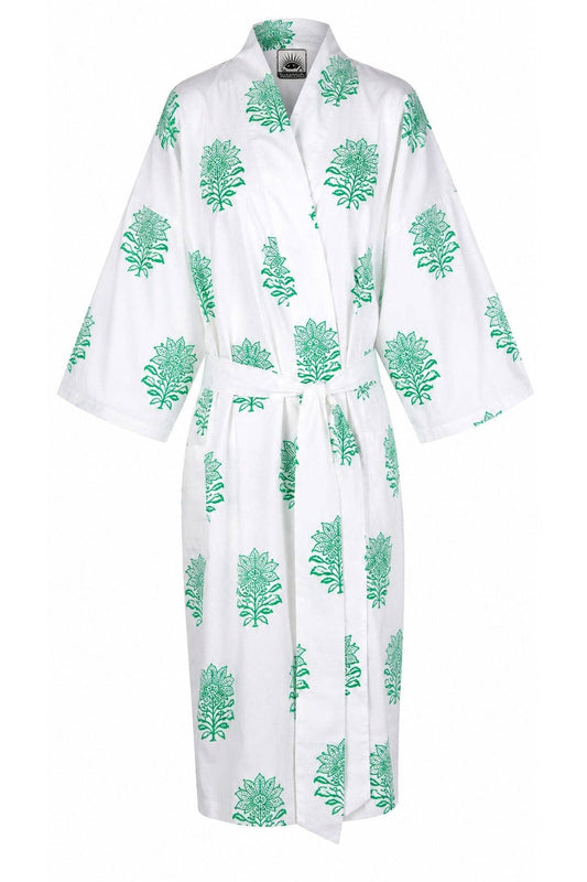 Women's Cotton Kimono Robe - Tiger Flower Green on White