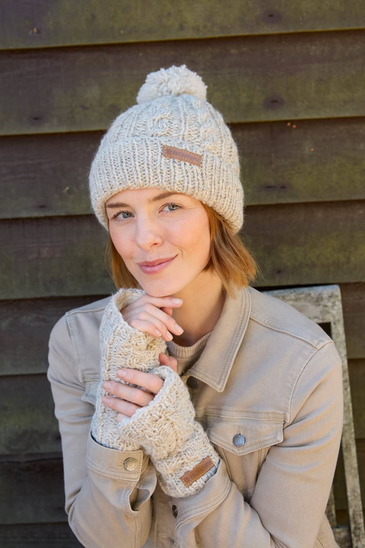 Chamonix - Cable Knit Sherpa Lined Wool Fingerless Gloves