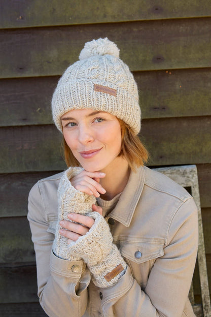 Chamonix - Cable Knit Sherpa Lined Wool Fingerless Gloves