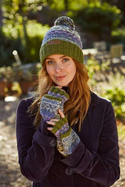 Classic Fair Isle Wool Knit Fingerless Glove Mitts Olive