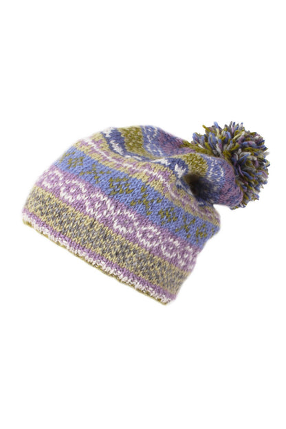 Classic Fair Isle Wool Knitted Bobble Beanie Hat Olive