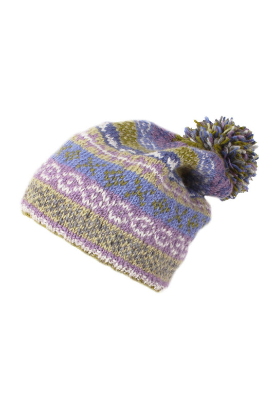 Classic Fair Isle Wool Knitted Bobble Beanie Hat Olive