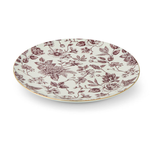 10.5" Dahlia Toile Gold Rim Dinner Plate - Maroon Majesty