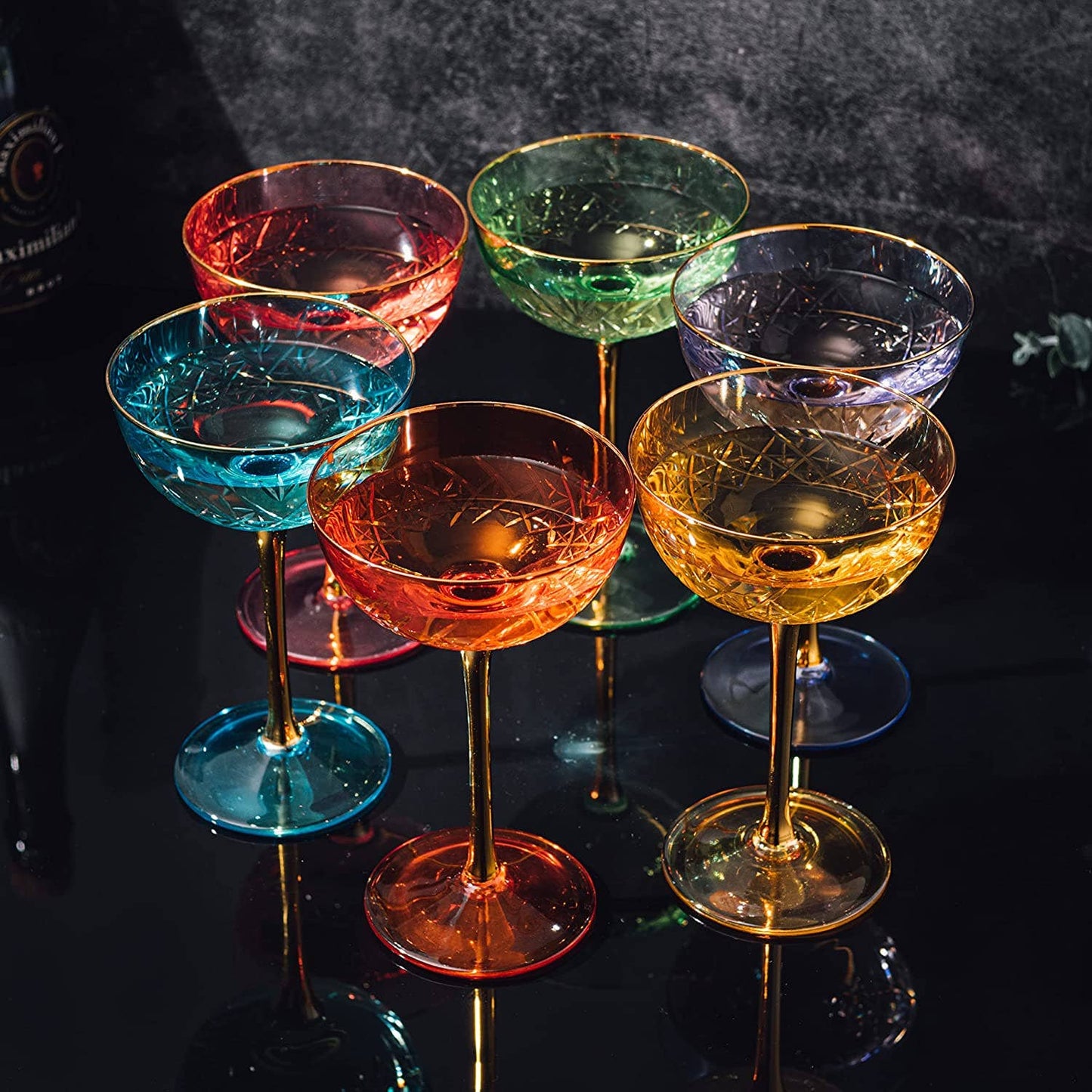 Colored Coupe Art Deco Glasses | Set of 6 | 7.3 oz Classic