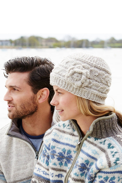 Chamonix - Oatmeal Cable Knit Crocheted Flower Beanie Hat