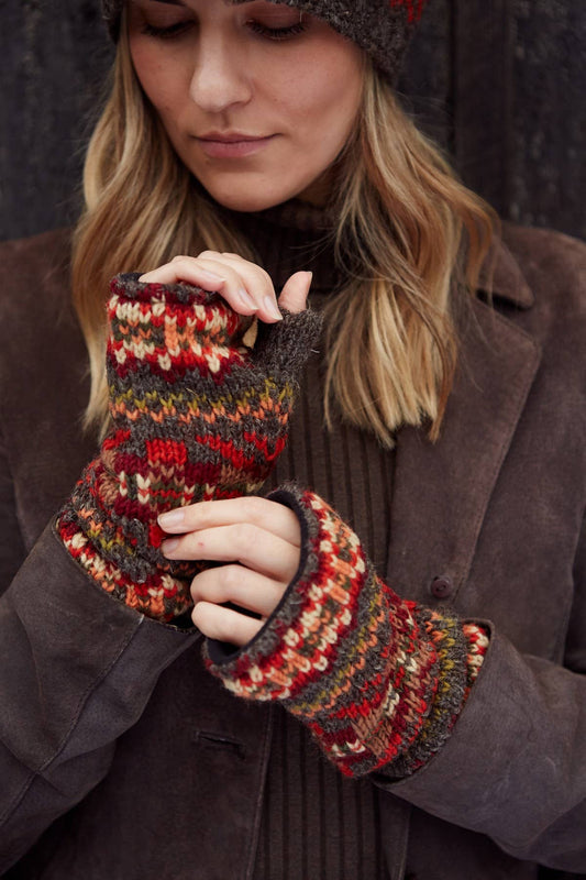 Women's Knitted Earthy Fair Isle Handwarmers