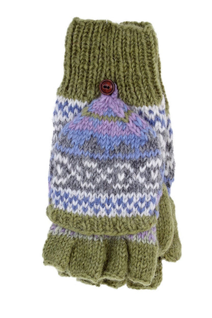 Classic Fair Isle Wool Knit Fingerless Glove Mitts Olive