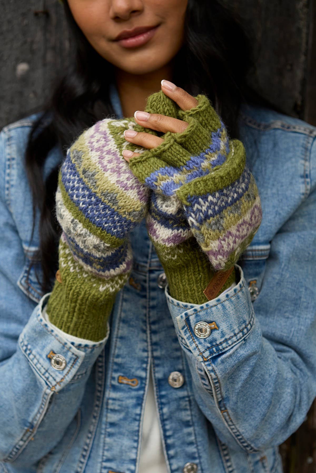 Classic Fair Isle Wool Knit Fingerless Glove Mitts Olive