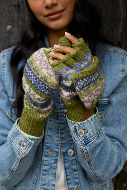 Classic Fair Isle Wool Knit Fingerless Glove Mitts Olive