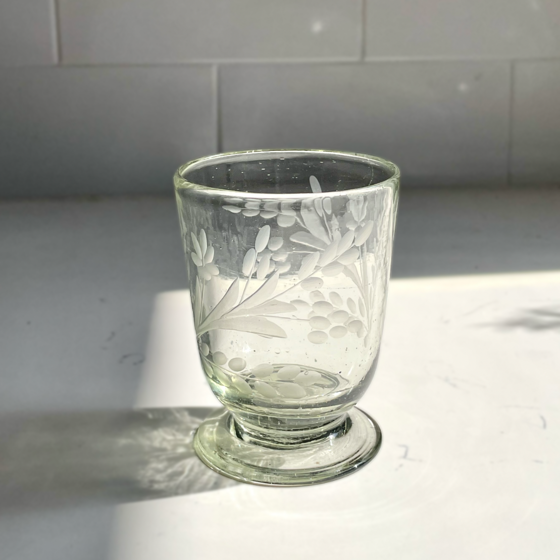 Hand-etched Blown Footed Glass